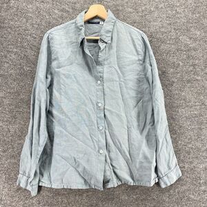 Boston Proper Shirt Women M Medium Gray Button Up Collared Linen Long Sleeve